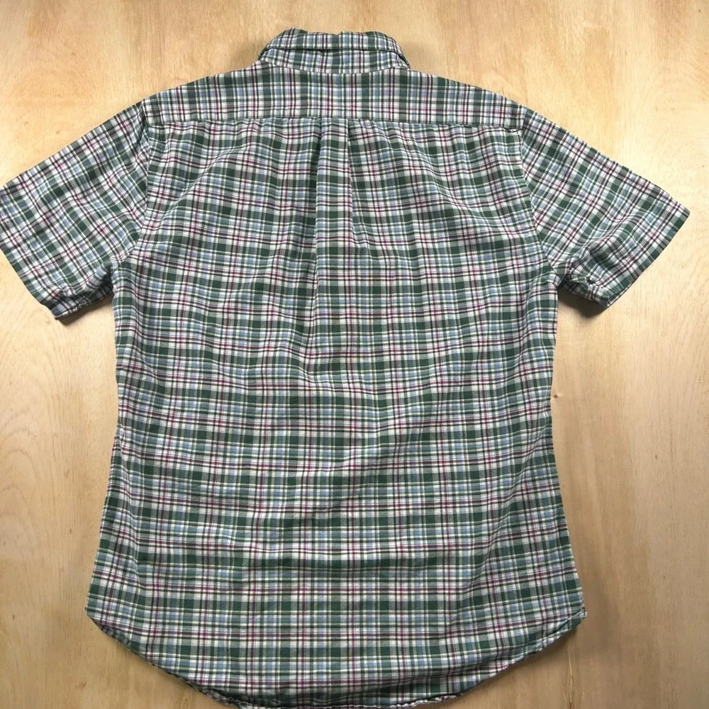 Ralph Lauren Boys Green Blue Plaid Slim Fit Short Sleeve Button Down Shirt M